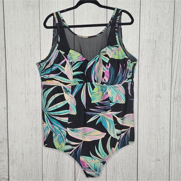 Torrid - Tropical Print & Black Sheer One Piece Swimsuit, sz 4 - Picture 1 of 5